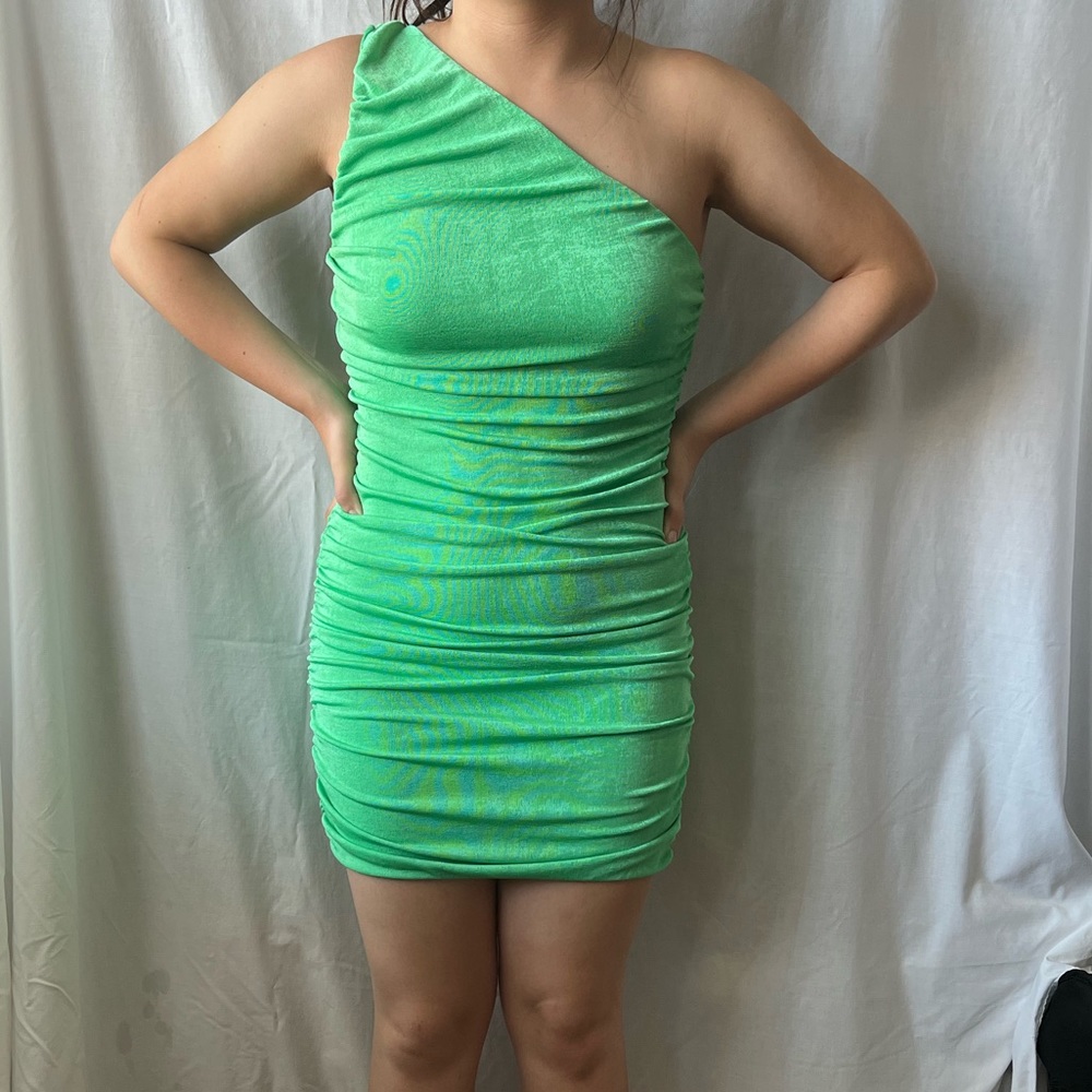 Green ruched one shoulder dress